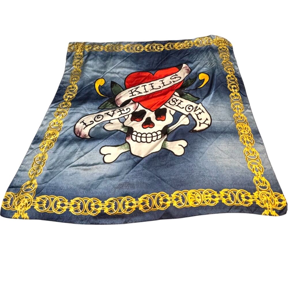 Ed Hardy Love Kills Slowly Skull Heart Chain Print Scarf Wrap Blue 42x42